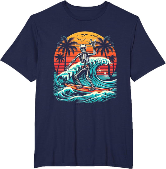 Skeleton Riding Wave Vintage Palm s Tree Beach Halloween