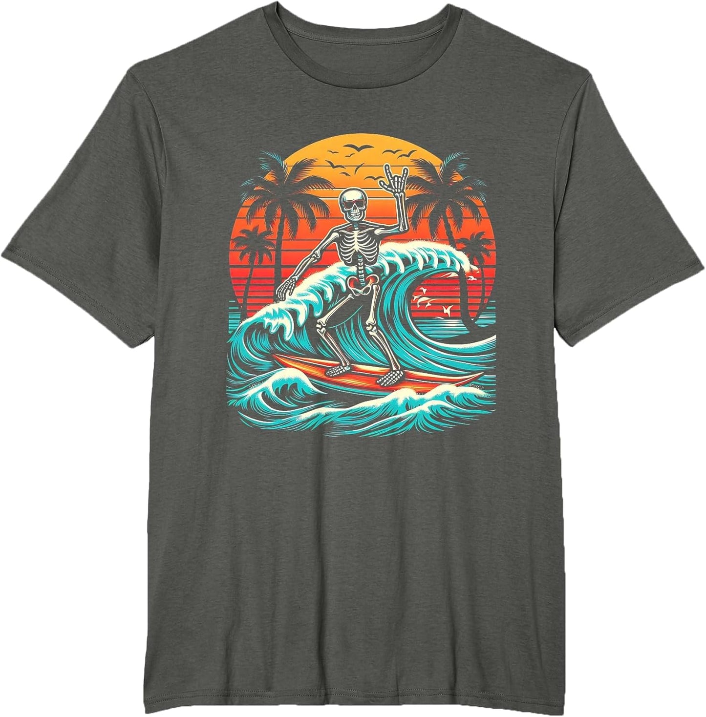 Skeleton Riding Wave Vintage Palm s Tree Beach Halloween