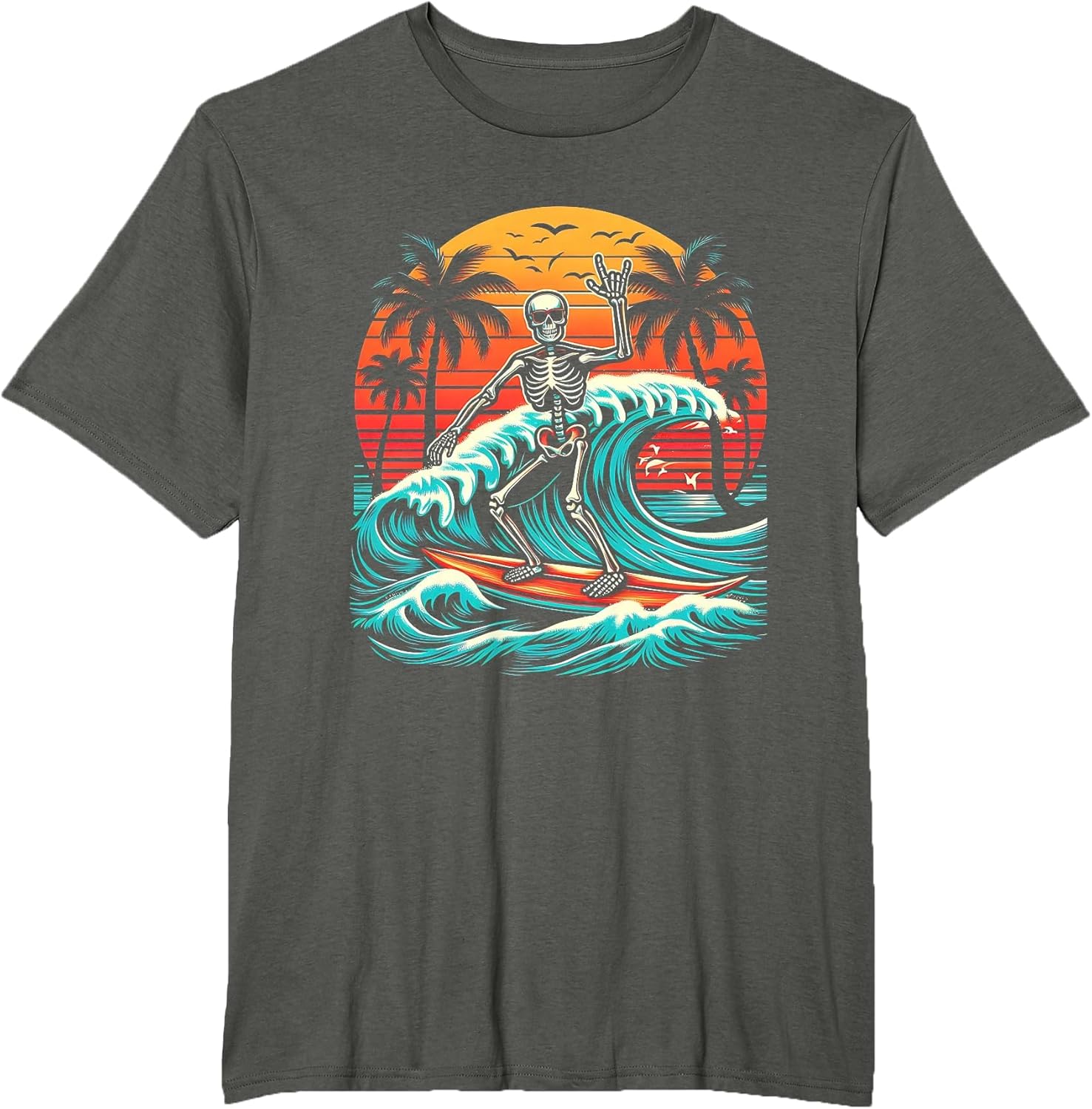 Skeleton Riding Wave Vintage Palm s Tree Beach Halloween