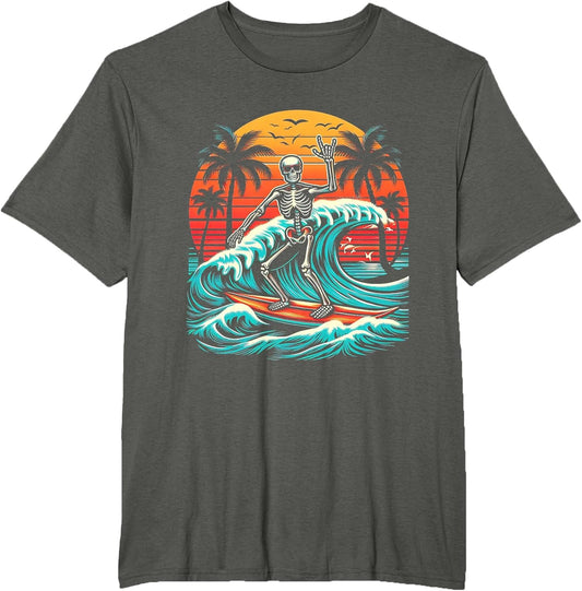 Skeleton Riding Wave Vintage Palm s Tree Beach Halloween