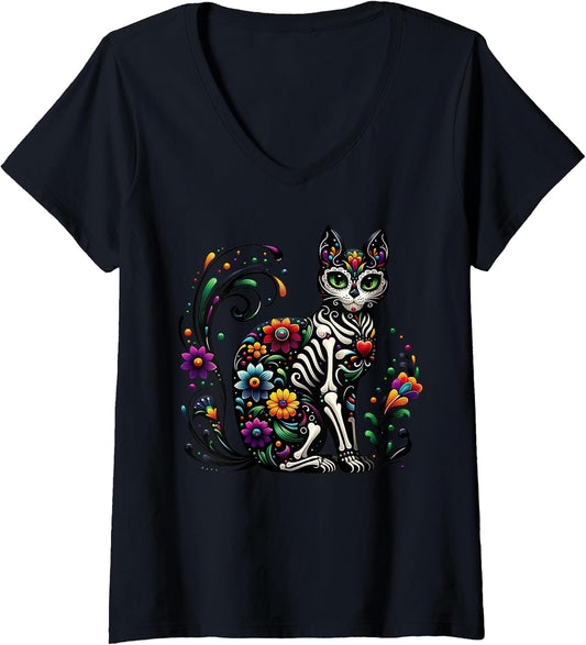 Women's Dia De Los Muertos Cinco De Mayo Cat Sugar Skull Men Women V-Neck