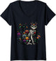 Women's Dia De Los Muertos Cinco De Mayo Cat Sugar Skull Men Women V-Neck