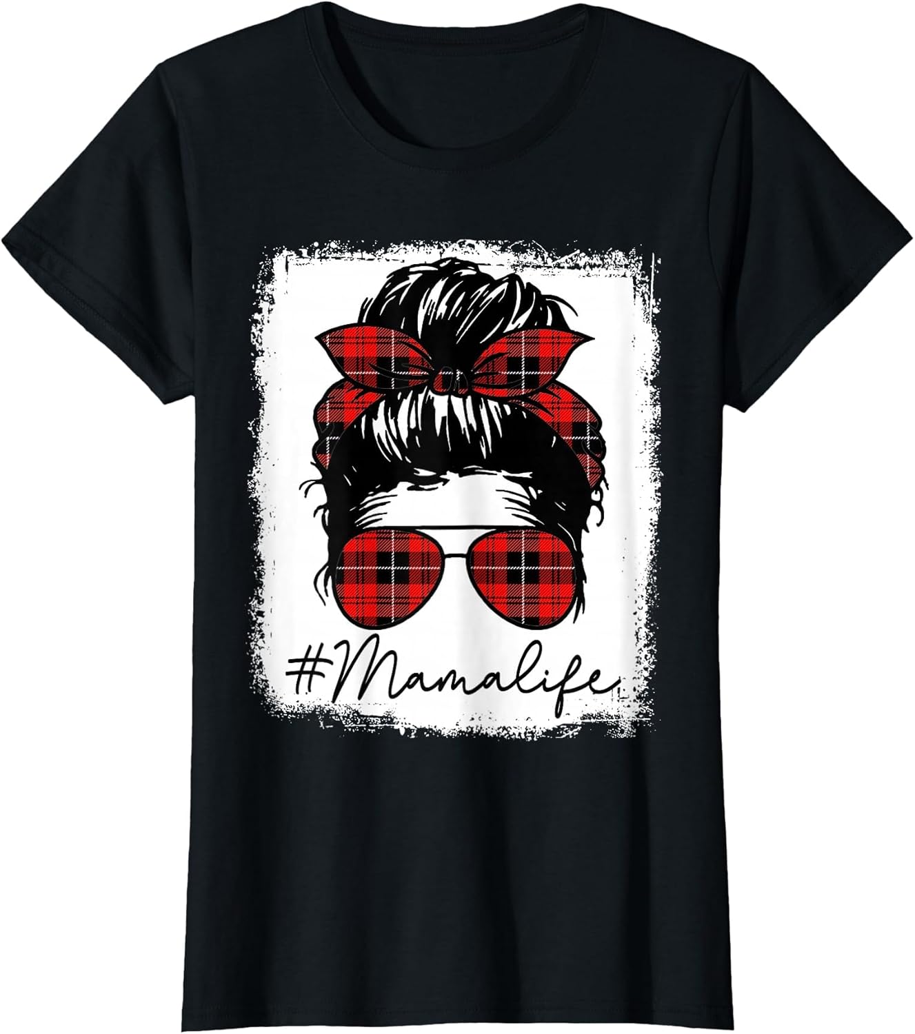 Mama Mom Life Shirts Red Plaid Bandana Messy Bun