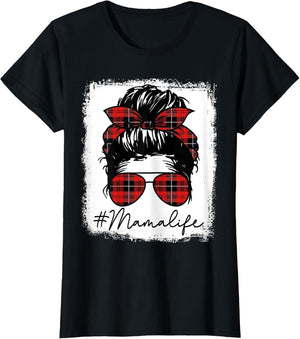 Mama Mom Life Shirts Red Plaid Bandana Messy Bun