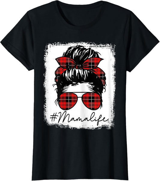 Mama Mom Life Shirts Red Plaid Bandana Messy Bun