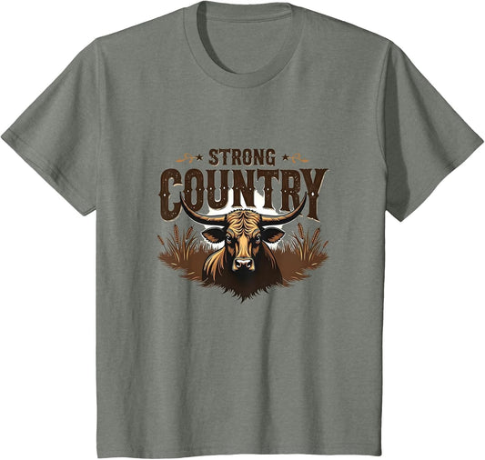 Country Strong Western Cowboy Longhorn Bull Graphic , Youth, Olive Heather, 3T