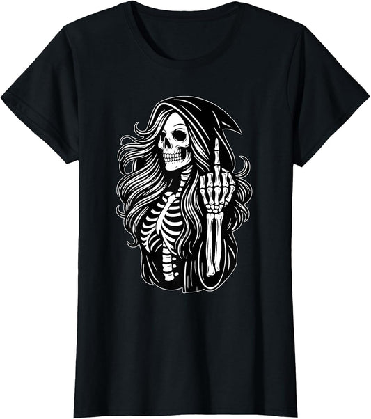 Funny Female Grim Reaper Skeleton Middle Finger Halloween