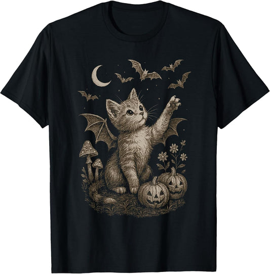 Cute Cat Bat Wings Moon Fall Vintage Fairycore Graphic