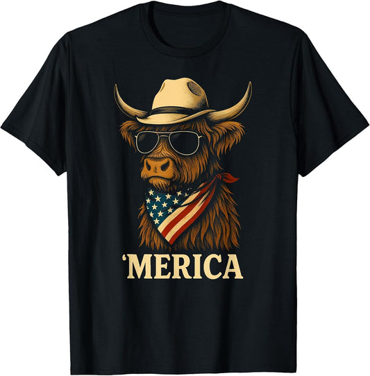 Highland Cow 4th July Merica America USA Cowboy Boys Girls