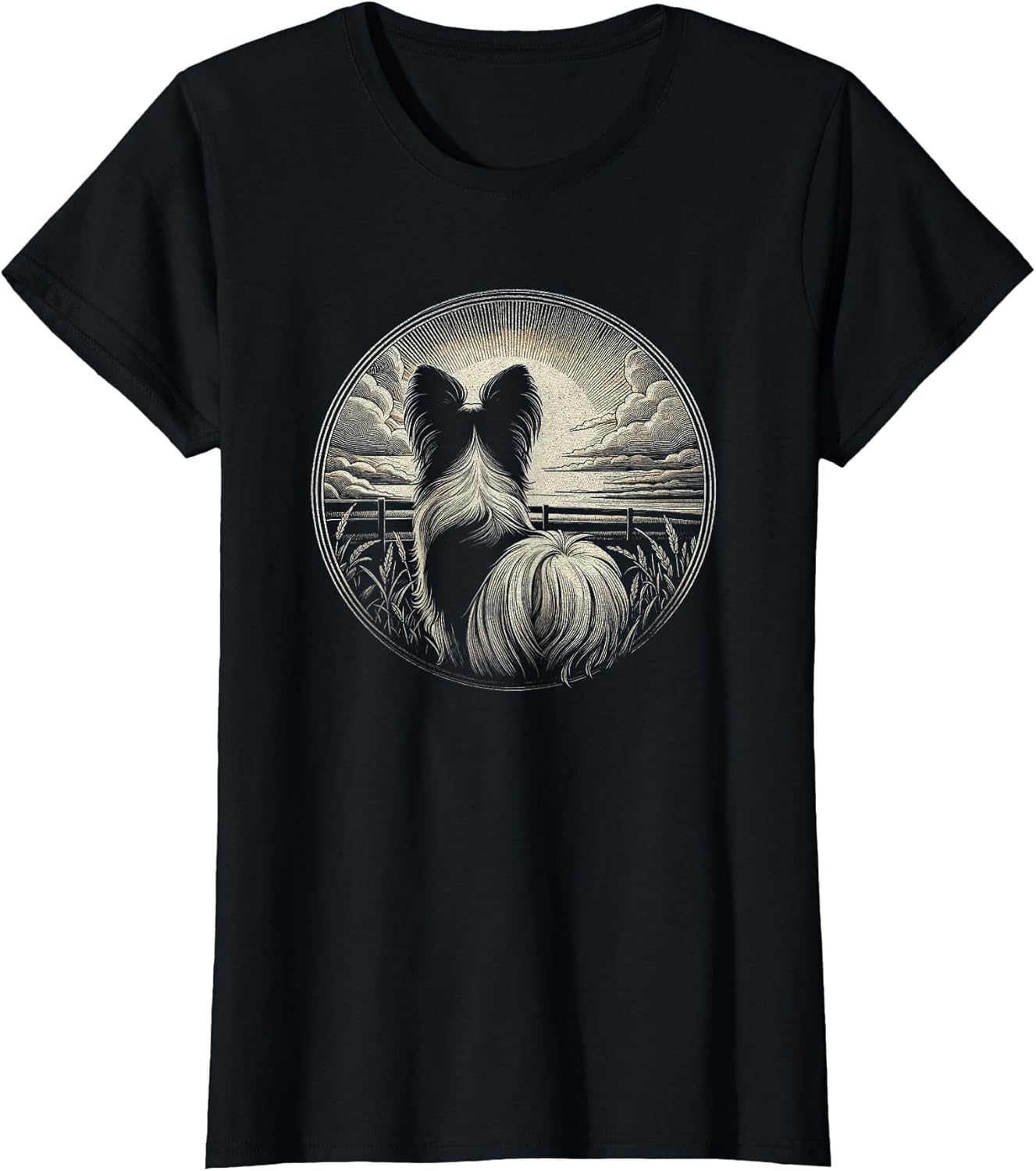 Vintage Papillon Dog Nature Scene Graphic Art Design