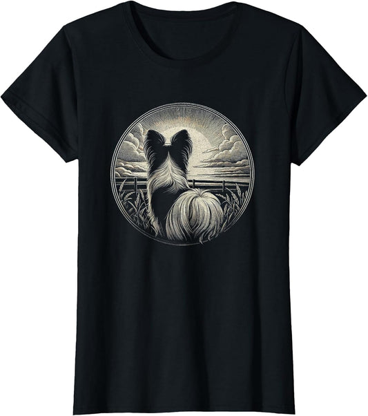 Vintage Papillon Dog Nature Scene Graphic Art Design