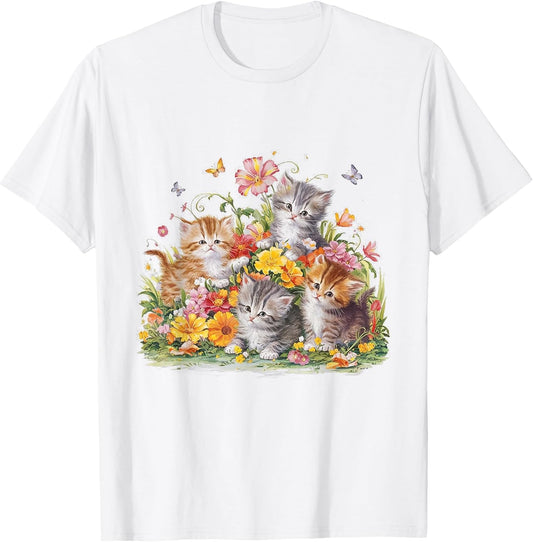 Floral Vintage Aesthetic Painted Kittens and Pressed Flower