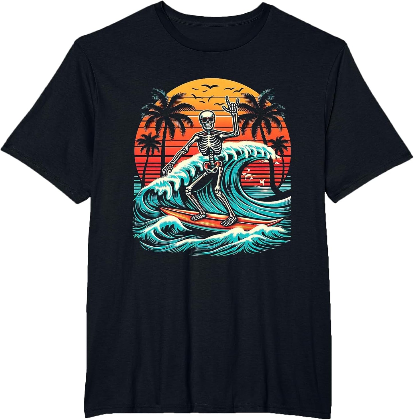 Skeleton Riding Wave Vintage Palm s Tree Beach Halloween