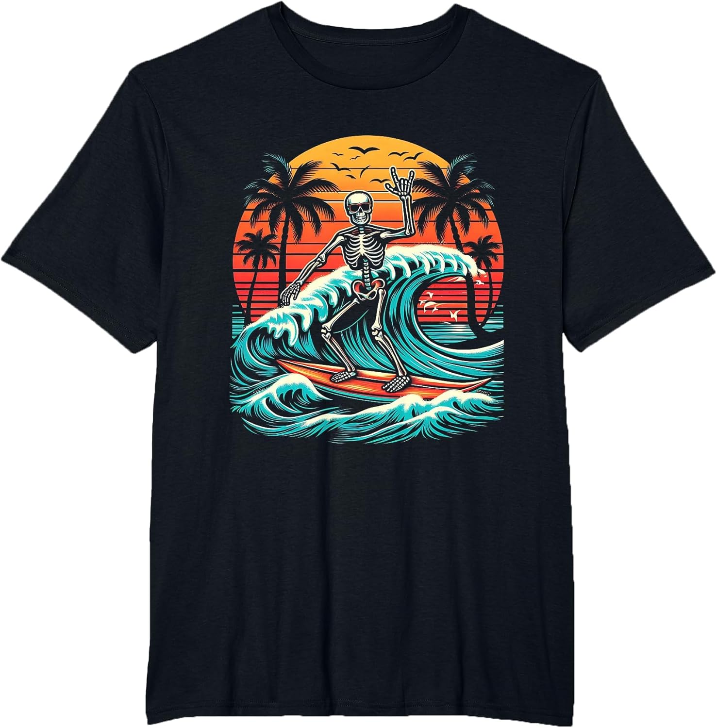 Skeleton Riding Wave Vintage Palm s Tree Beach Halloween