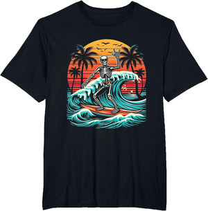 Skeleton Riding Wave Vintage Palm s Tree Beach Halloween