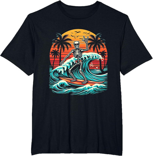 Skeleton Riding Wave Vintage Palm s Tree Beach Halloween