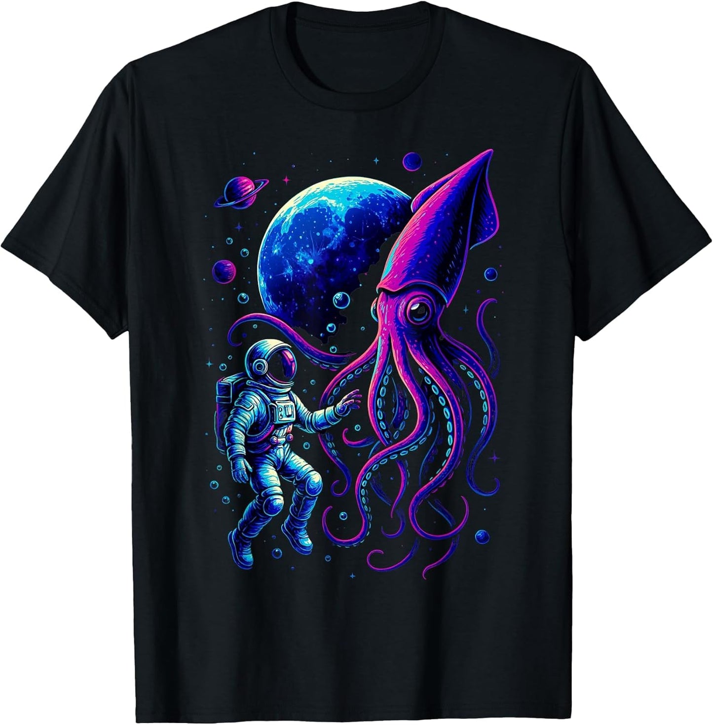 Funny Astronaut and Squid in Underwater Space with Full Moon