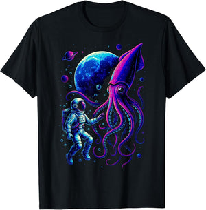 Funny Astronaut and Squid in Underwater Space with Full Moon