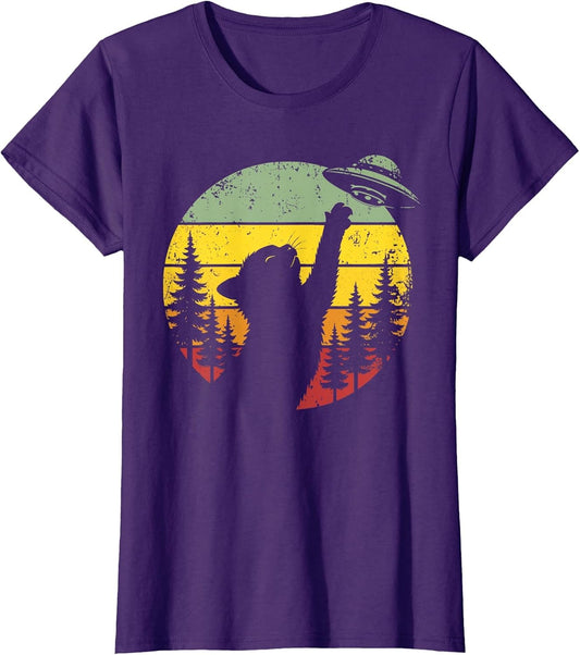 Cat UFO Shirt Alien Spaceship Retro Funny