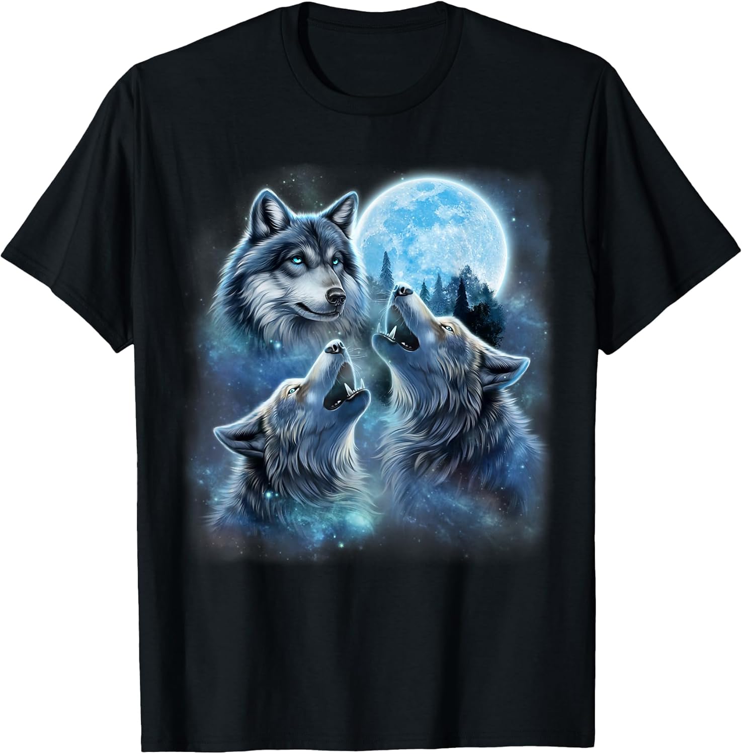 Three Majestic Wolf Engulfed in Galaxy Clouds Under ICY Moon