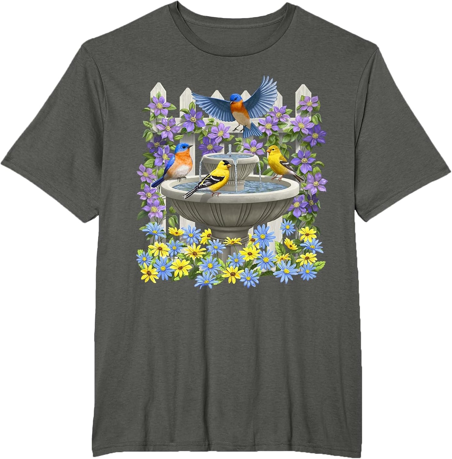 Bluebirds Goldfinches & Bird Bath Flower Garden