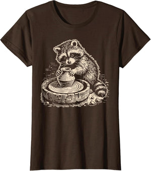 Retro Cute Raccoon at Pottery Wheel Throwing Animal Pottery