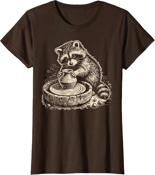 Retro Cute Raccoon at Pottery Wheel Throwing Animal Pottery