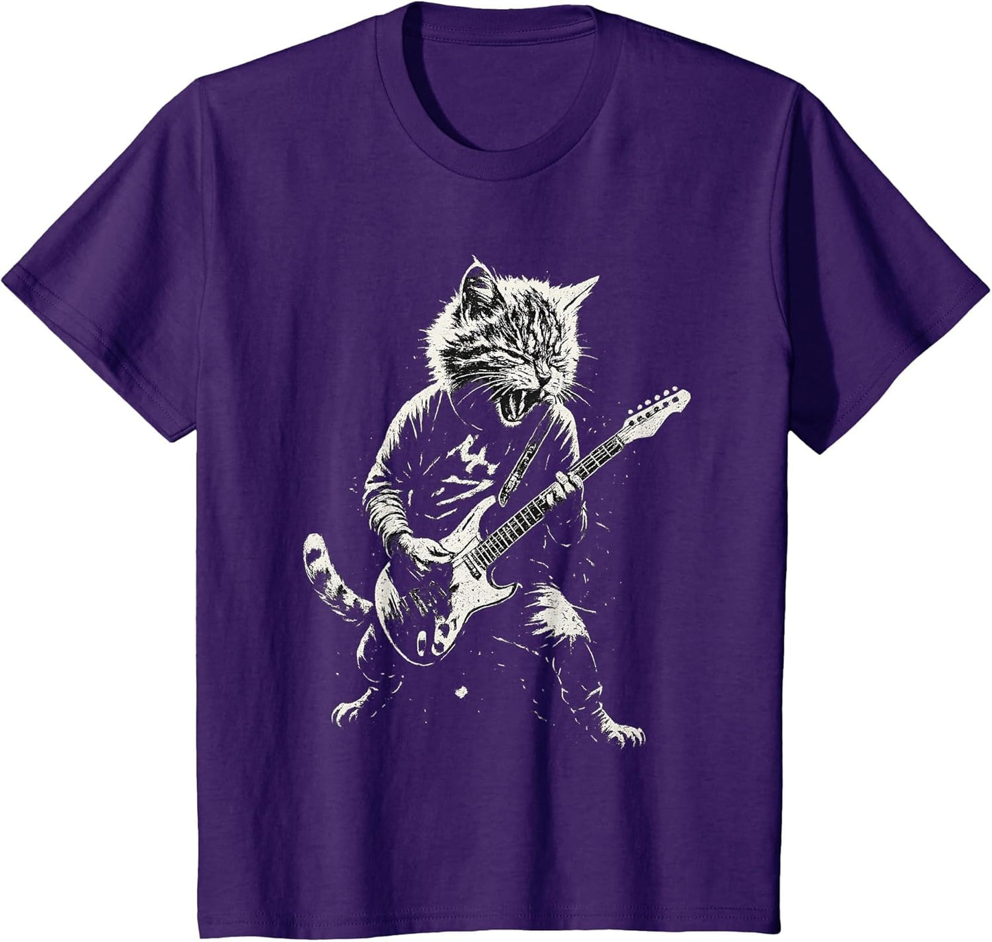 Cat Playing Guitar Rock Music Band Cool Graphic Vintage , Youth, Purple, Small