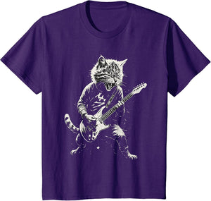 Cat Playing Guitar Rock Music Band Cool Graphic Vintage , Youth, Purple, Small