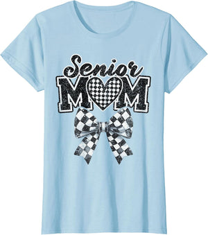 Retro Heart Cheer Checkered Croquette Bow Proud Senior Mom