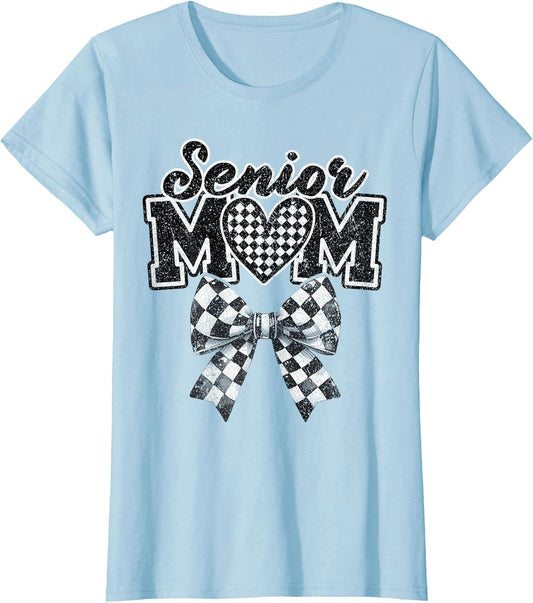 Retro Heart Cheer Checkered Croquette Bow Proud Senior Mom