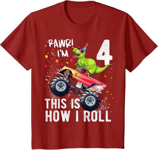 Kids T Rex Dinosaur Monster Truck 4th Birthday Boys and Girls