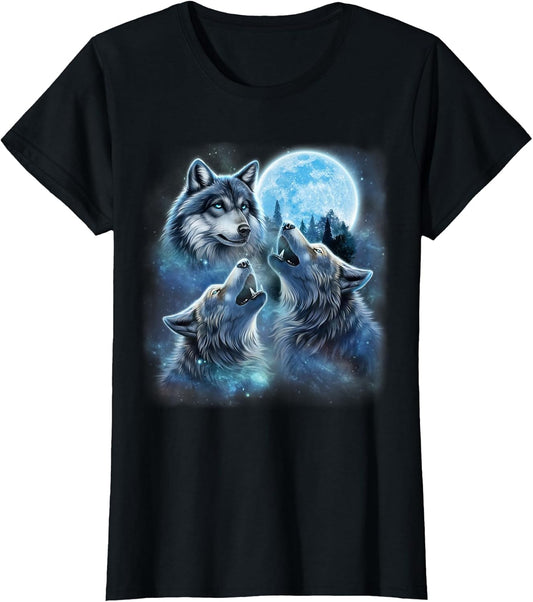 Three Majestic Wolf Engulfed in Galaxy Clouds Under ICY Moon