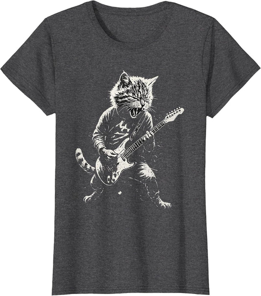 Cat Playing Guitar Rock Music Band Cool Graphic Vintage