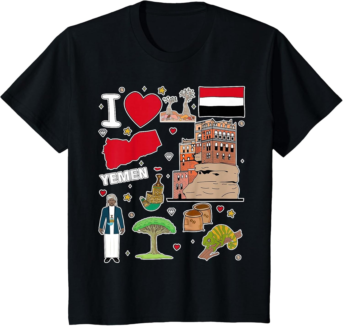 I Love Yemen. Hand Drawn Yemeni Landmarks, Flag and map