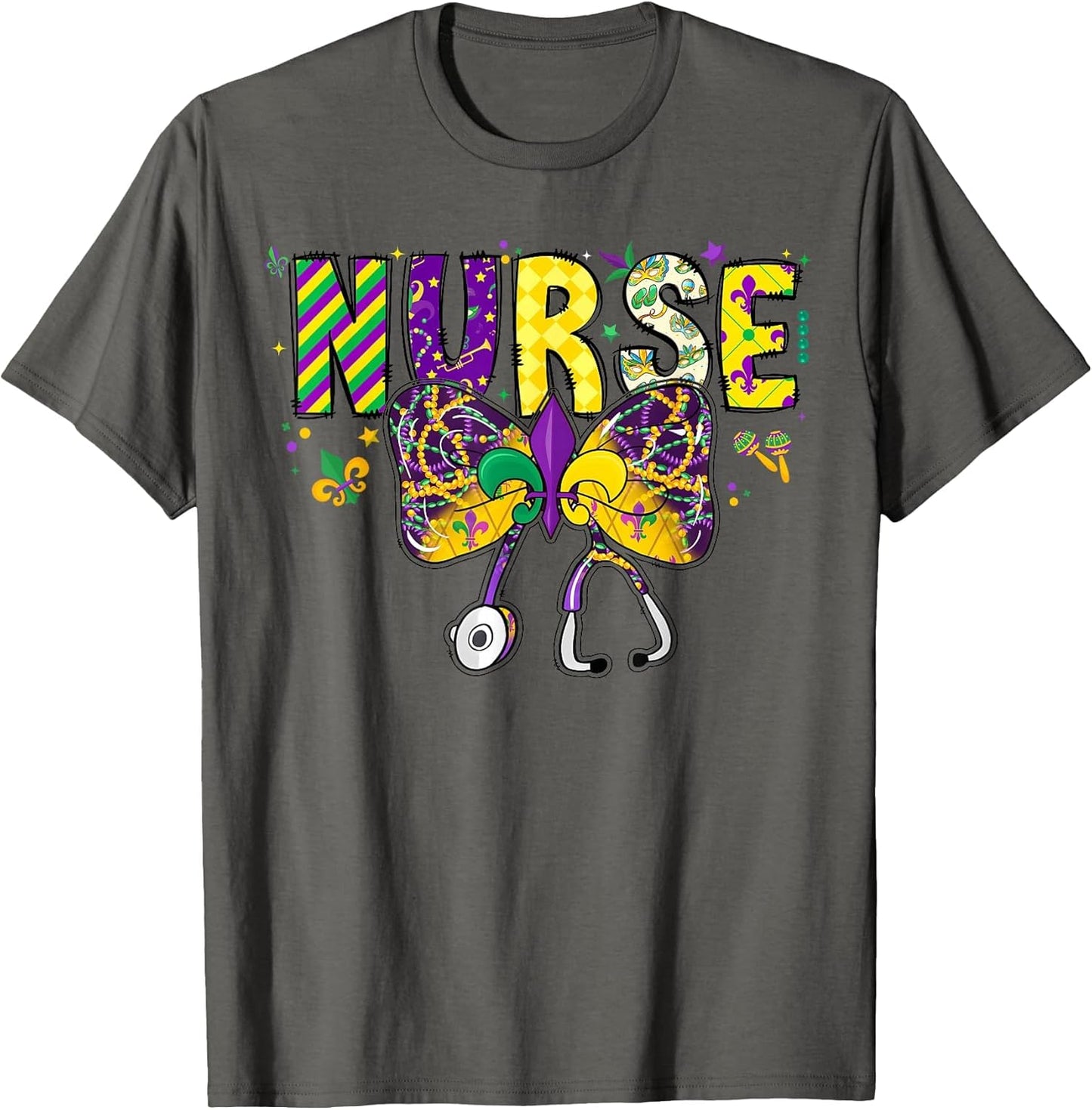 Nurse Mardi Gras Coquette Bow Stethoscope Girls Women , Men, Asphalt Grey, XX-Large