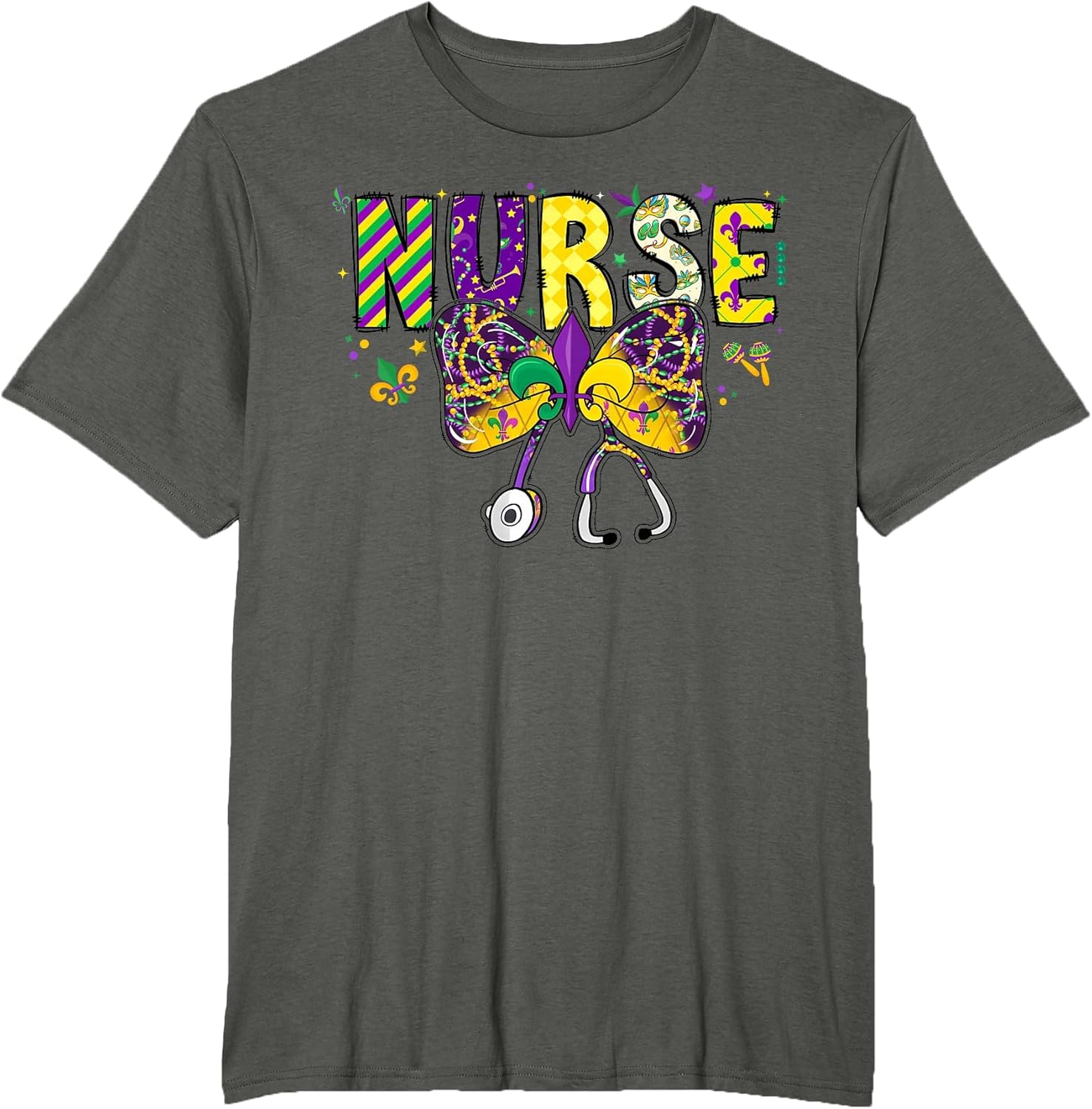 Nurse Mardi Gras Coquette Bow Stethoscope Girls Women , Men's Big and Tall, Asphalt Grey, 2X Tall