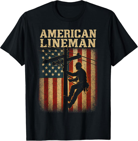Retro Lineman American Flag Electric Cable Patriotic Lineman