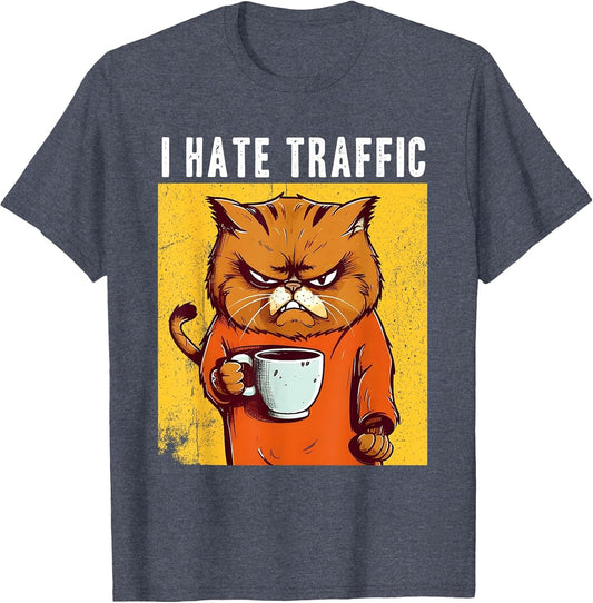 Angry cat Drinking Coffee I Hate Traffic Funny Cynical