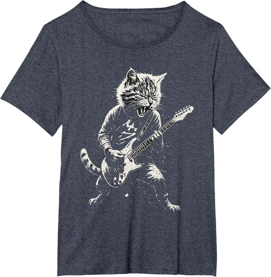Cat Playing Guitar Rock Music Band Cool Graphic Vintage , Women's Plus, Heather Blue, 5X