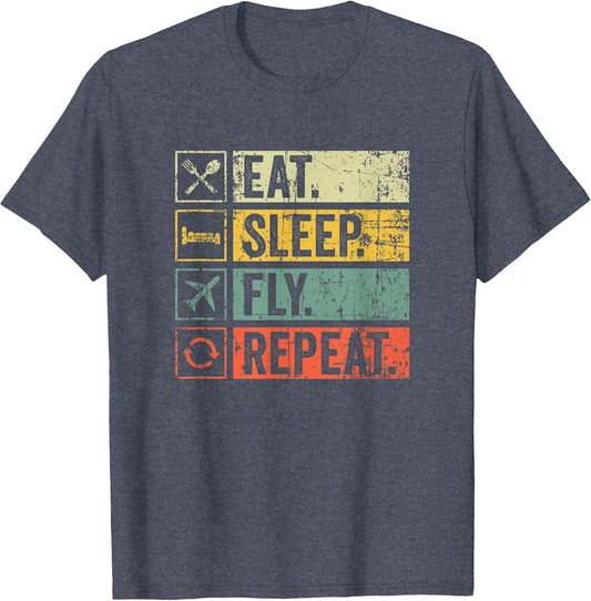 Retro Vintage Eat Sleep Fly Repeat Funny Pilot Men