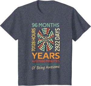 8th Birthday 8 Years Old Vintage Retro 96 Months