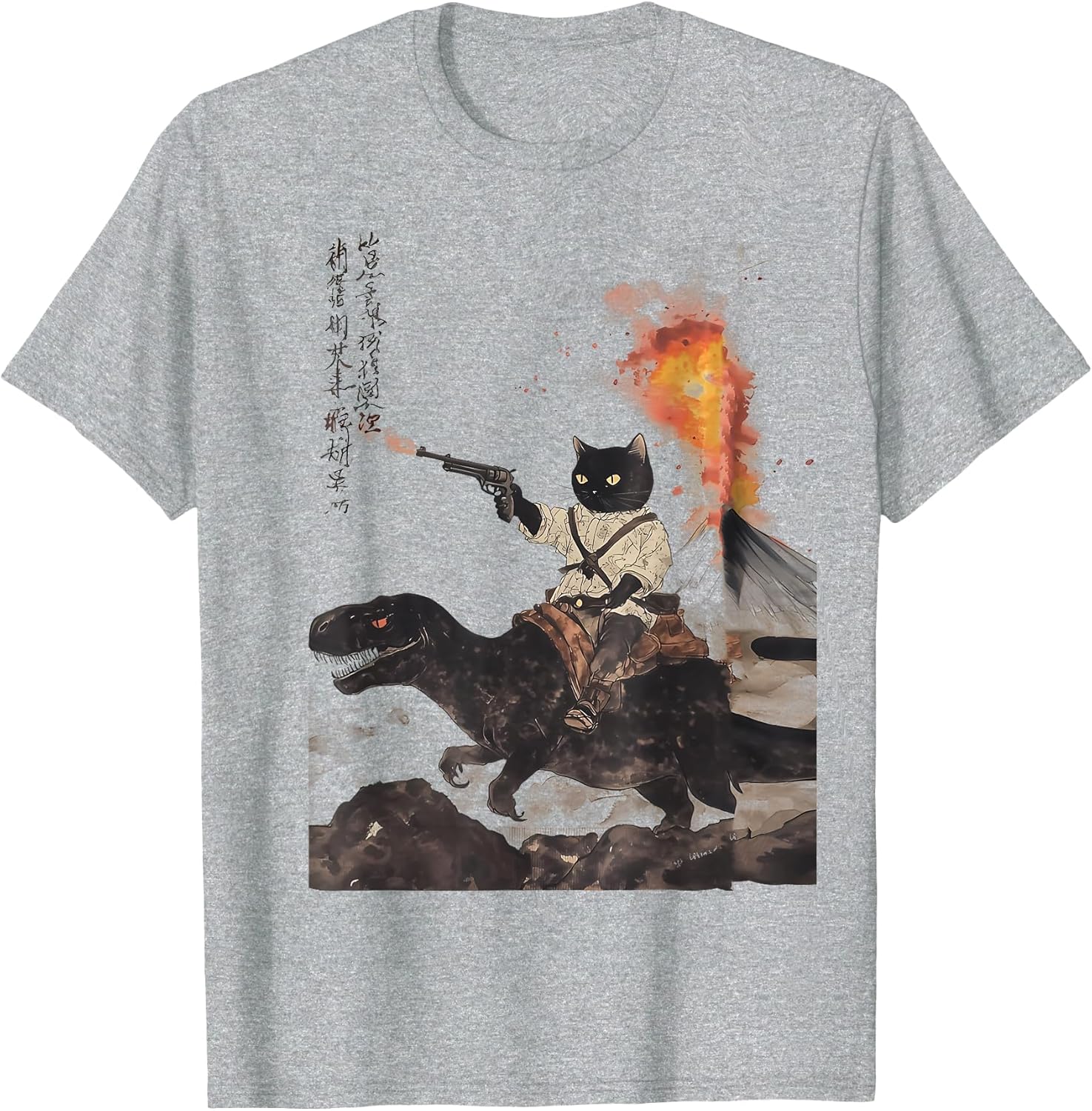 Retro Calligraphy cat Dinosaur Volcanic Eruption Art Print