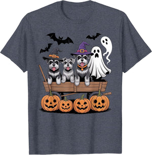 Schnauzer Halloween Wagon Ghost Witch Hats Bats Pumpkins