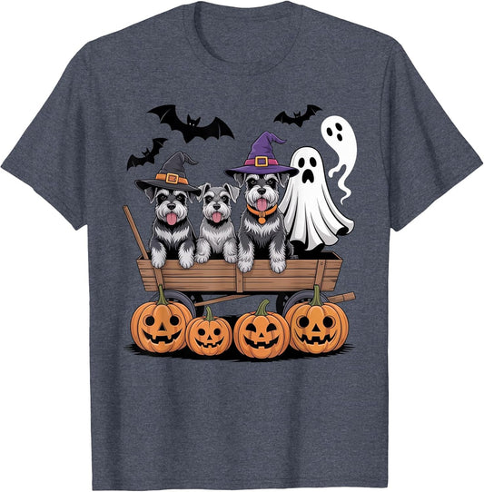 Schnauzer Halloween Wagon Ghost Witch Hats Bats Pumpkins