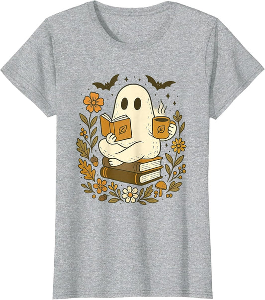 Bookish Ghost Reading with Coffee Cute Halloween