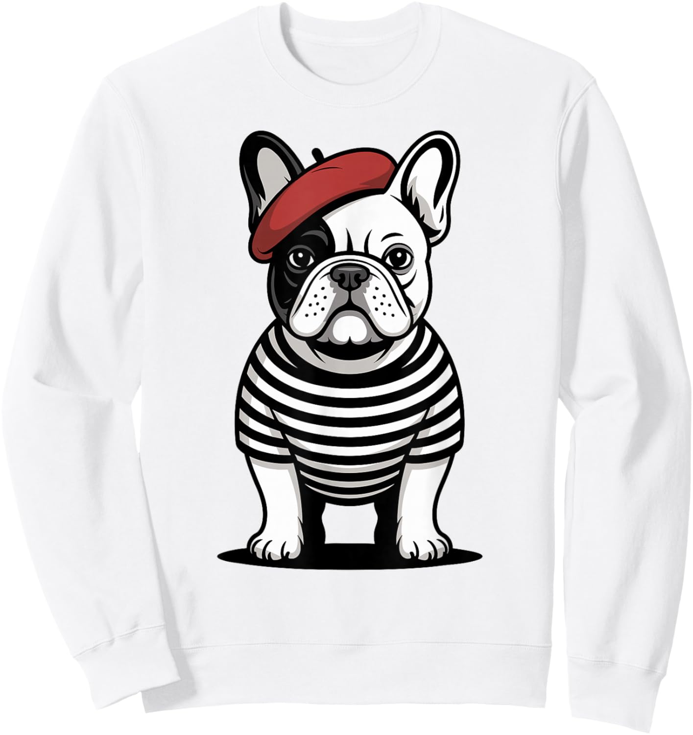 Cute French Bulldog in Striped Shirt, Red Beret Frenchie Dog Sweatshirt - Sweatshirt | White