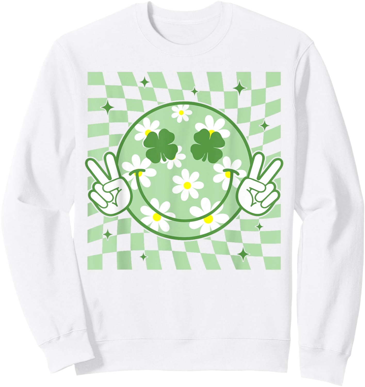 Retro Groovy St Patricks Day Hippie Smile Face Shamrock Sweatshirt - Sweatshirt | White