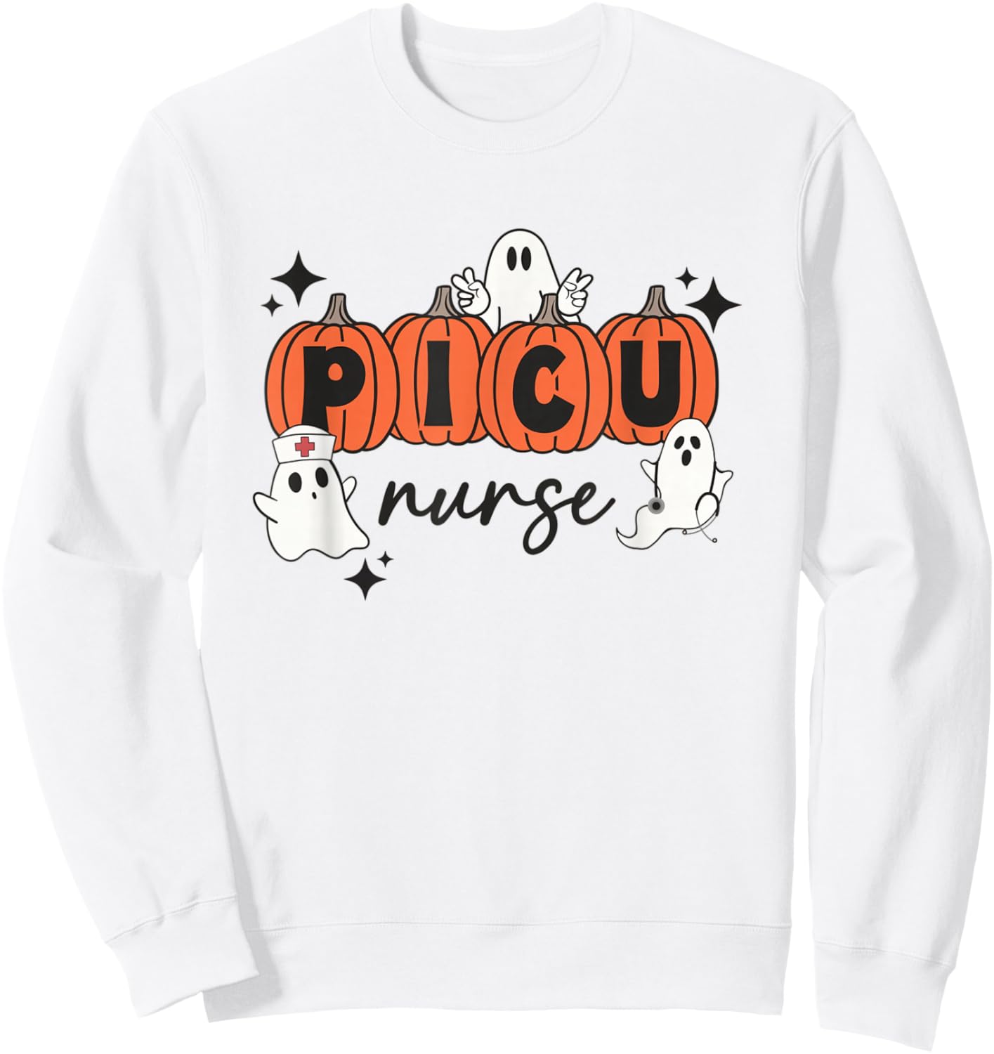 Cute Ghosts PICU Nurse Halloween Pumpkins Pediatric ICU Sweatshirt - Sweatshirt | White