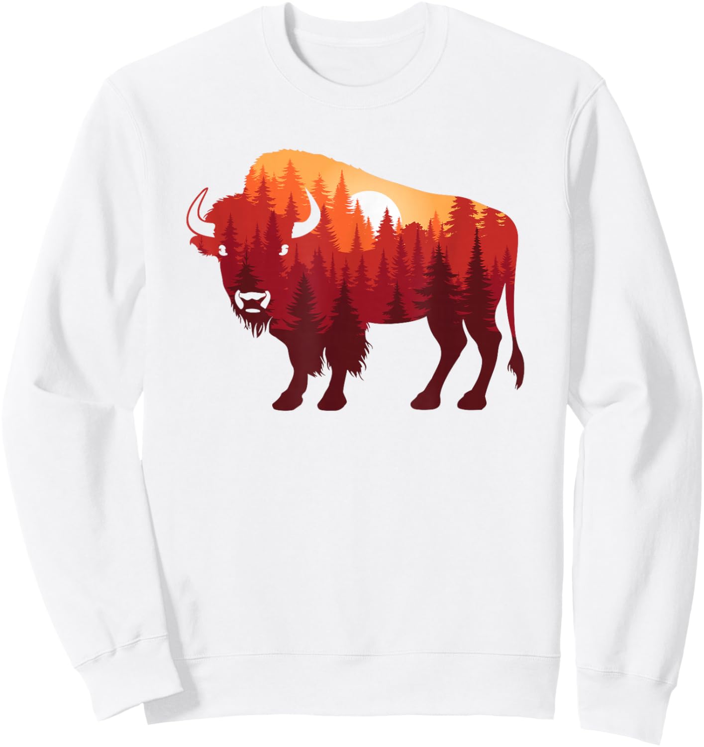 Buffalo Landscape Pine Tree Nature Bison Men Women Sweatshirt - Sweatshirt | White